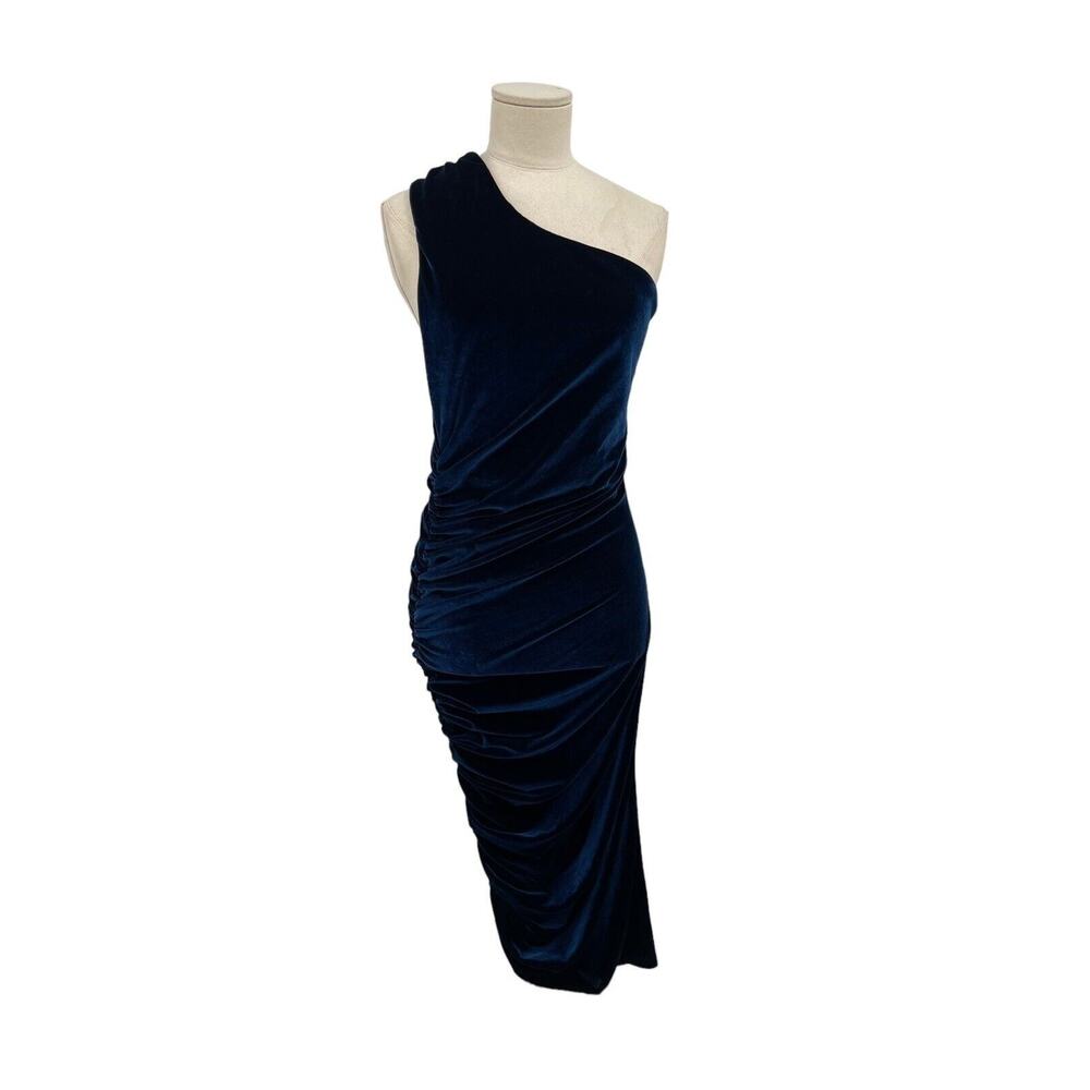 Alix NYC Celeste Dress One Shoulder Ruched Midi Midnight Blue Velvet Size M